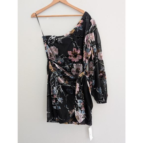 Yumi Kim Black and Pink Floral Asymmetric Mini Dress - Picture 3 of 9